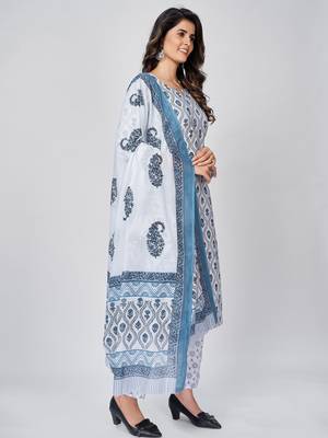 Women's Printed Straight Cotton White Kurta With Pant & Dupatta 3