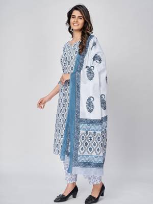 Women's Printed Straight Cotton White Kurta With Pant & Dupatta 4