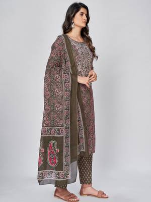Women's Print & Pitan Work Straight Cotton Green Kurta With Pant & Dupatta 4