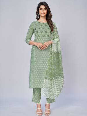 Women's Floral Print & Sequience Work Straight Cotton Pista Kurta With Pant & Dupatta 1