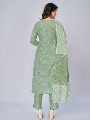 Women's Floral Print & Sequience Work Straight Cotton Pista Kurta With Pant & Dupatta 2