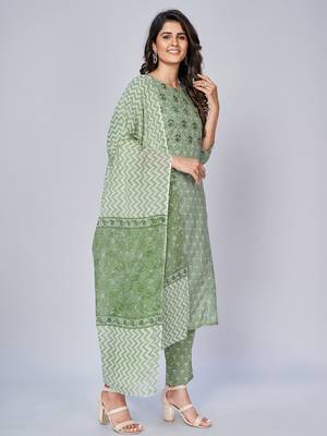 Women's Floral Print & Sequience Work Straight Cotton Pista Kurta With Pant & Dupatta 3
