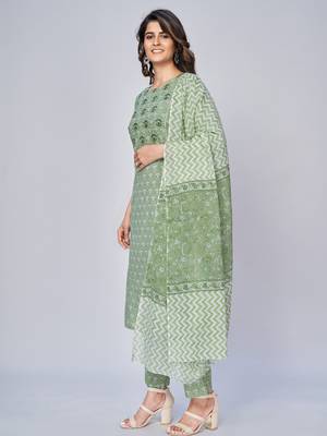 Women's Floral Print & Sequience Work Straight Cotton Pista Kurta With Pant & Dupatta 4