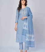 Women's Printed & Embroidered Straight Cotton sky blue Kurta With Pant & Dupatta