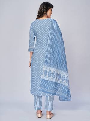 Women's Printed & Embroidered Straight Cotton sky blue Kurta With Pant & Dupatta 2