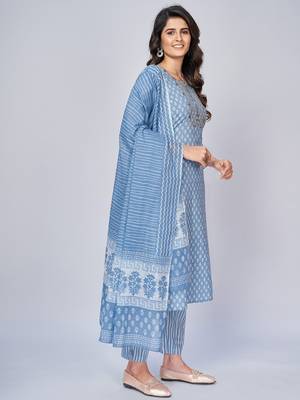 Women's Printed & Embroidered Straight Cotton sky blue Kurta With Pant & Dupatta 3