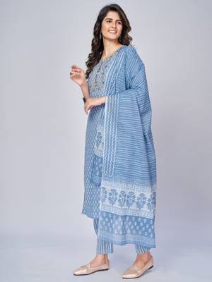 Women's Printed & Embroidered Straight Cotton sky blue Kurta With Pant & Dupatta 4