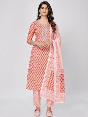 Women's Printed & Embroidered Straight Cotton Orange Kurta With Pant & Dupatta 1