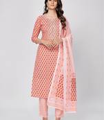 Women's Printed & Embroidered Straight Cotton Orange Kurta With Pant & Dupatta