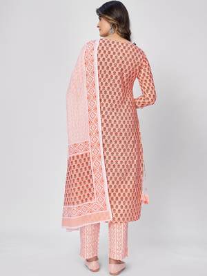 Women's Printed & Embroidered Straight Cotton Orange Kurta With Pant & Dupatta 2