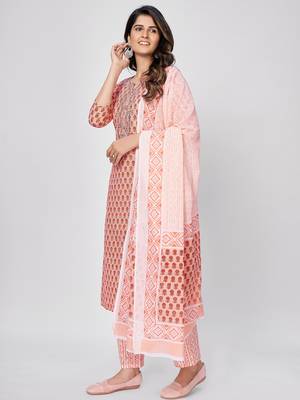 Women's Printed & Embroidered Straight Cotton Orange Kurta With Pant & Dupatta 3