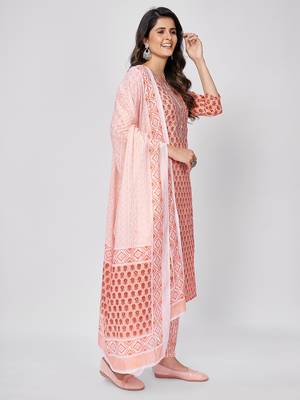 Women's Printed & Embroidered Straight Cotton Orange Kurta With Pant & Dupatta 4