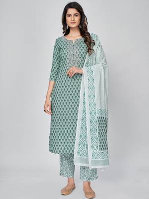 Women's Printed & Embroidered Straight Cotton Turquoise Kurta With Pant & Dupatta 1