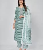 Women's Printed & Embroidered Straight Cotton Turquoise Kurta With Pant & Dupatta