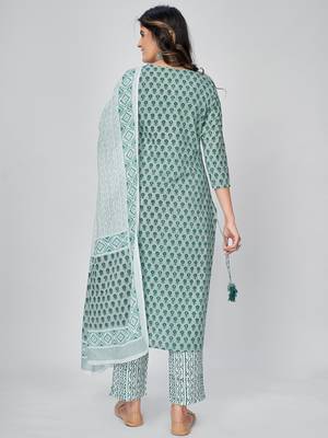 Women's Printed & Embroidered Straight Cotton Turquoise Kurta With Pant & Dupatta 2