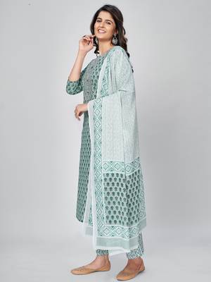 Women's Printed & Embroidered Straight Cotton Turquoise Kurta With Pant & Dupatta 3