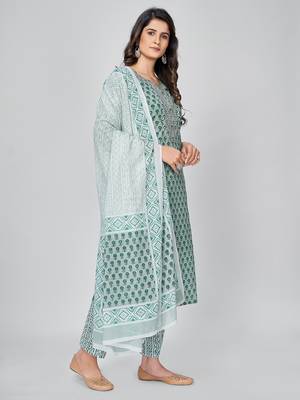 Women's Printed & Embroidered Straight Cotton Turquoise Kurta With Pant & Dupatta 4
