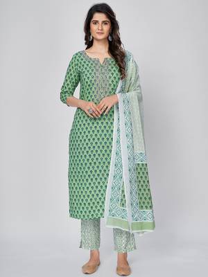 Women's Printed & Embroidered Straight Cotton Pista Kurta With Pant & Dupatta 1
