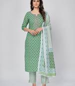 Women's Printed & Embroidered Straight Cotton Pista Kurta With Pant & Dupatta