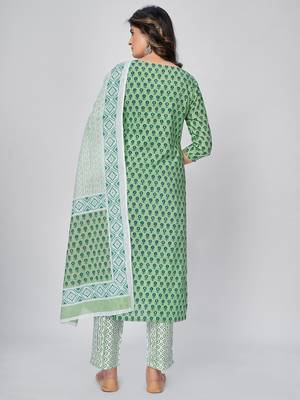 Women's Printed & Embroidered Straight Cotton Pista Kurta With Pant & Dupatta 2