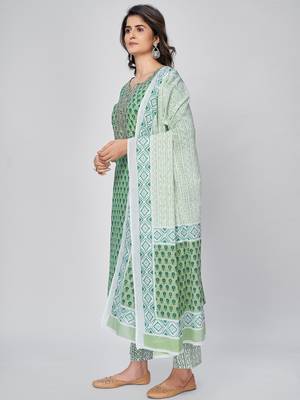 Women's Printed & Embroidered Straight Cotton Pista Kurta With Pant & Dupatta 3