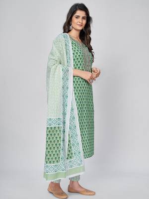 Women's Printed & Embroidered Straight Cotton Pista Kurta With Pant & Dupatta 4