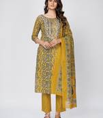 Women's Printed & Embroidered Straight Cotton Yellow Kurta With Pant & Dupatta