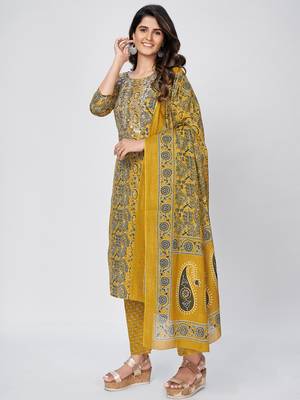 Women's Printed & Embroidered Straight Cotton Yellow Kurta With Pant & Dupatta 3