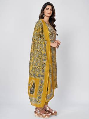 Women's Printed & Embroidered Straight Cotton Yellow Kurta With Pant & Dupatta 4