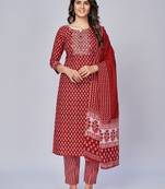 Women's Printed & Embroidered Straight Cotton Red Kurta With Pant & Dupatta