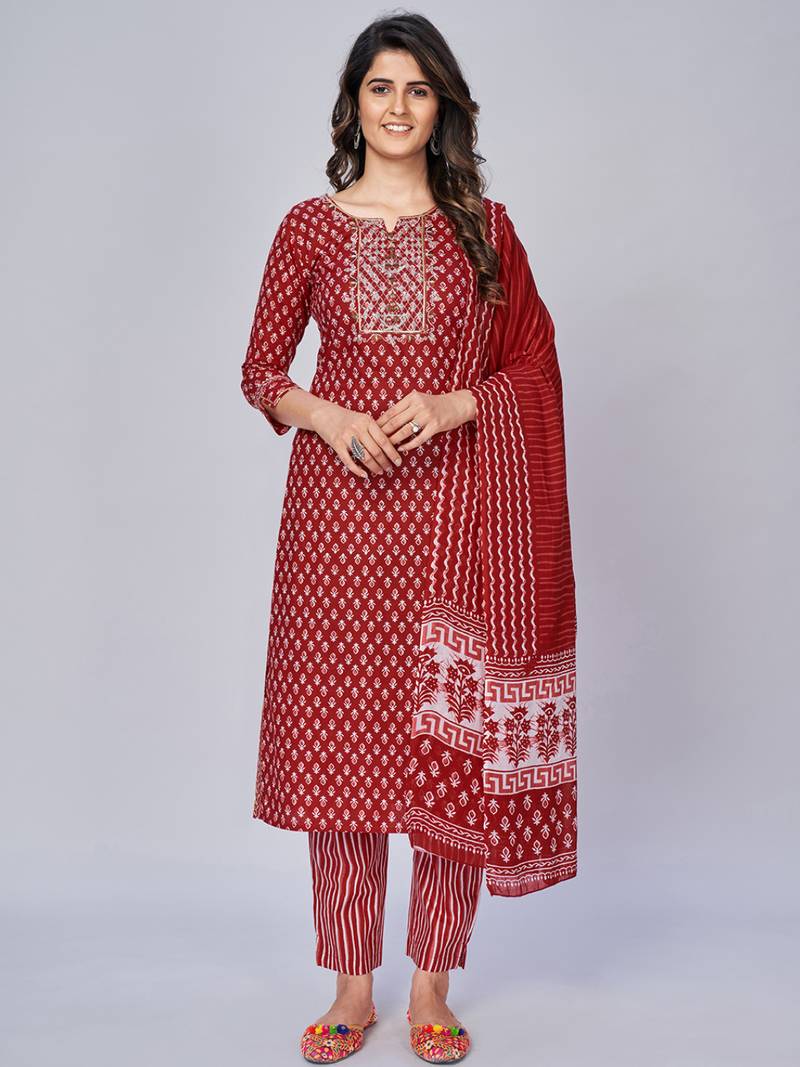 Women's Printed & Embroidered Straight Cotton Red Kurta With Pant & Dupatta
