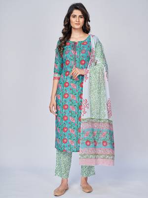Women's Floral Print Straight Cotton Aqua Kurta With Pant & Dupatta 1