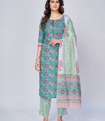 Women's Floral Print Straight Cotton Aqua Kurta With Pant & Dupatta