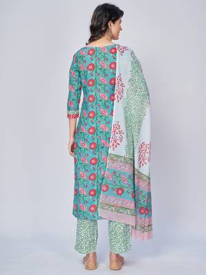 Women's Floral Print Straight Cotton Aqua Kurta With Pant & Dupatta 2