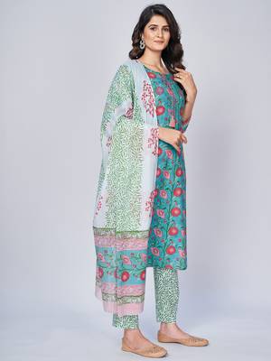Women's Floral Print Straight Cotton Aqua Kurta With Pant & Dupatta 3