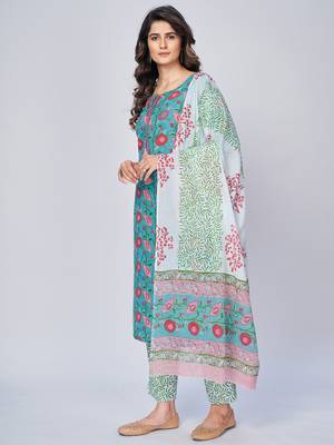 Women's Floral Print Straight Cotton Aqua Kurta With Pant & Dupatta 4