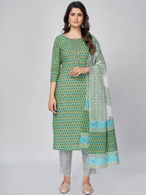 Women's Printed & Embroidered Straight Cotton Pista Kurta With Pant & Dupatta 1