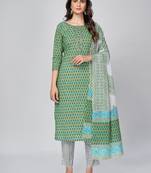 Women's Printed & Embroidered Straight Cotton Pista Kurta With Pant & Dupatta