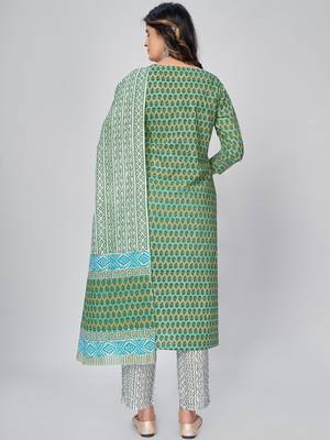 Women's Printed & Embroidered Straight Cotton Pista Kurta With Pant & Dupatta 2
