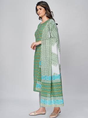 Women's Printed & Embroidered Straight Cotton Pista Kurta With Pant & Dupatta 3
