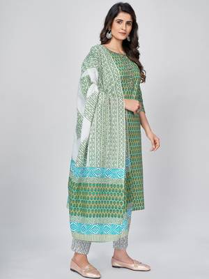 Women's Printed & Embroidered Straight Cotton Pista Kurta With Pant & Dupatta 4