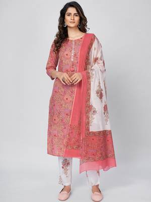 Women's Printed & Embroidered Straight Cotton Pink Kurta With Pant & Dupatta 1