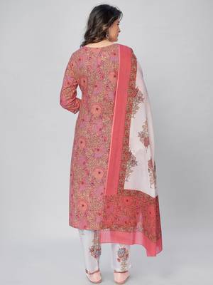 Women's Printed & Embroidered Straight Cotton Pink Kurta With Pant & Dupatta 2