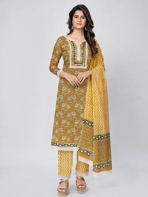 Women's Printed & Lace work Straight Cotton Musterd Kurta With Pant & Dupatta 1