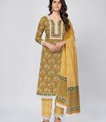 Women's Printed & Lace work Straight Cotton Musterd Kurta With Pant & Dupatta
