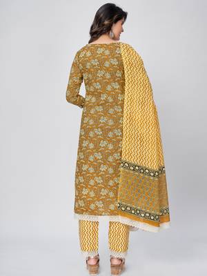 Women's Printed & Lace work Straight Cotton Musterd Kurta With Pant & Dupatta 2
