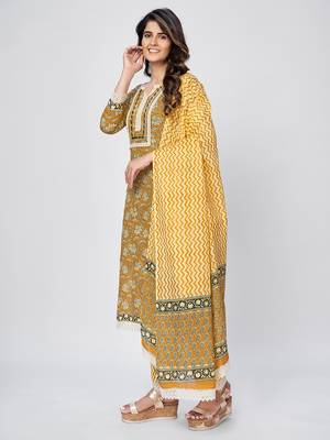 Women's Printed & Lace work Straight Cotton Musterd Kurta With Pant & Dupatta 4