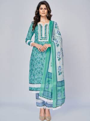 Women's Printed & Lace work Straight Cotton Aqua Kurta With Pant & Dupatta 1