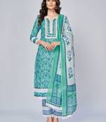 Women's Printed & Lace work Straight Cotton Aqua Kurta With Pant & Dupatta