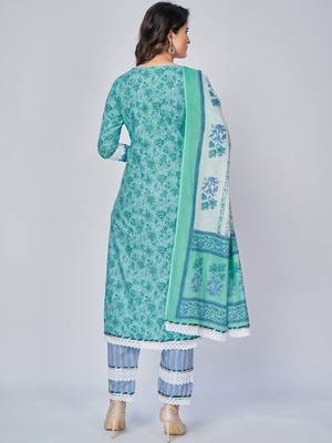 Women's Printed & Lace work Straight Cotton Aqua Kurta With Pant & Dupatta 2